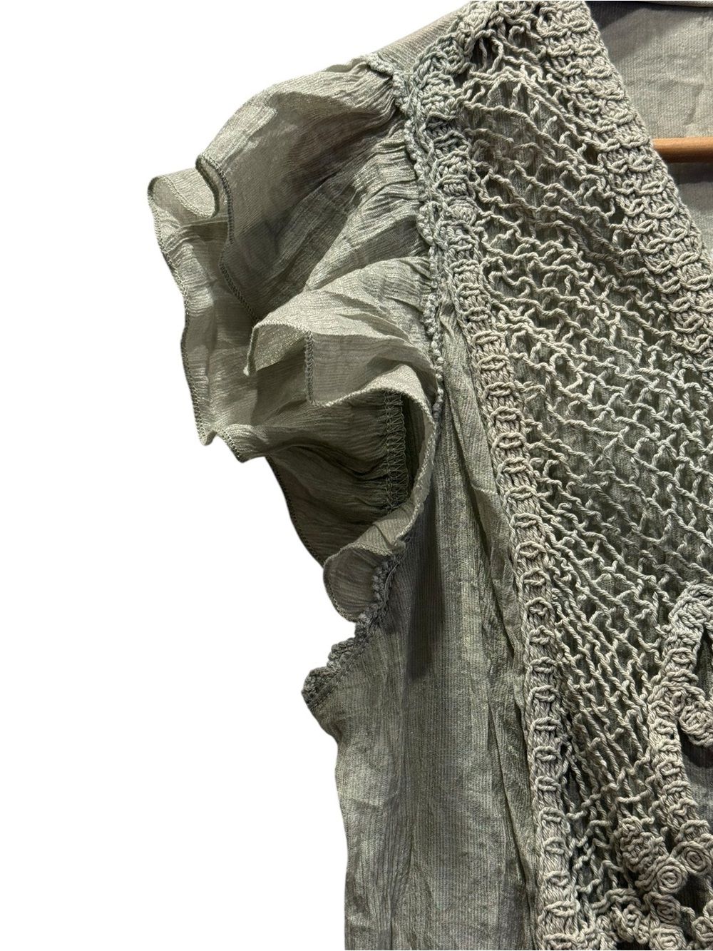 Pretty Angel Linen Sage Green Crochet Lace Peplum Blouse XL Boho Fairycore Top - Picture 3 of 7